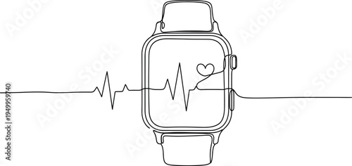 Smartwatch with Heart Rate Monitor Line Art Illustration