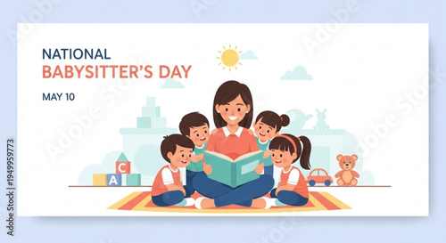 Babysitter reading to children on national babysitter's day may 10 with kids and toys around her