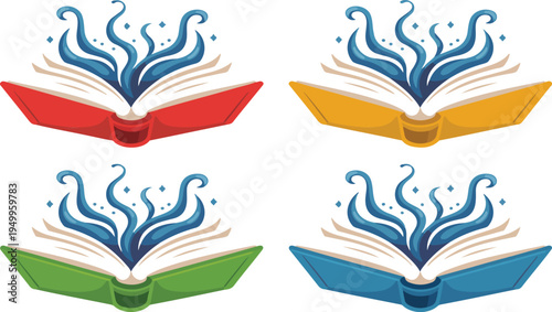 Open book illustration with water swirling upwards, shown in four color variations representing creativity, knowledge, imagination, and magical ideas vector art