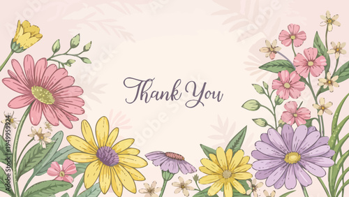 Elegant hand drawn summer flowers arrangement with thank you message on cream background
