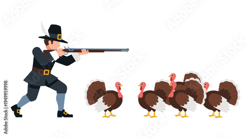 Pilgrim Hunter Aiming Musket at Turkeys Vector Illustration for Thanksgiving or Colonial History Themes