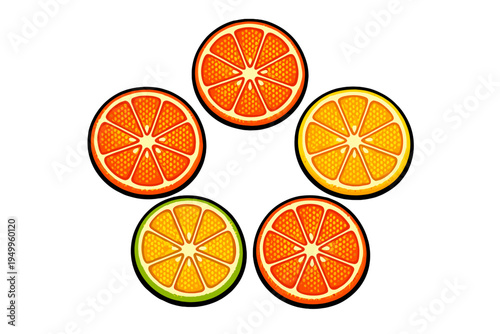 Five stylized citrus fruit slices, including orange, lemon, and lime