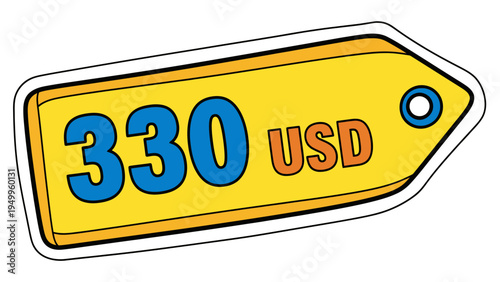 Price Tag 330 USD Vector Illustration, Yellow Label with Blue Text, Isolated Graphic for Sales and Discounts