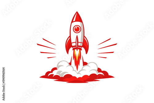 A red and white cartoon rocket ship launching into the air with a