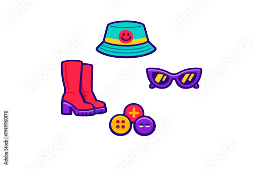 A collection of vibrant fashion accessories including a teal bucket