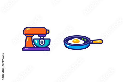A set of two colorful kitchen icons featuring an orange stand mixer
