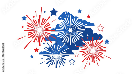 Red White Blue Fireworks Bursting Vector Illustration for Independence Day Celebration and Patriotic Events
