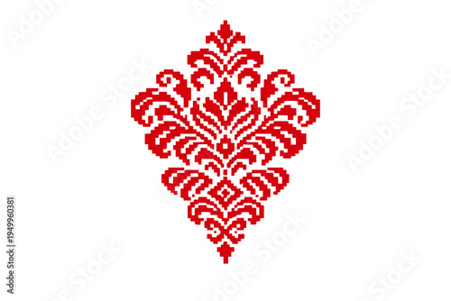 A red pixelated damask ornament isolated on a white background
