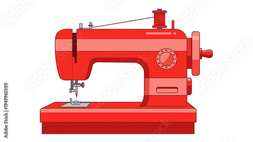 Red Sewing Machine Vector Illustration for Crafting and Tailoring Projects, Isolated on White Background with Copy Space for Design