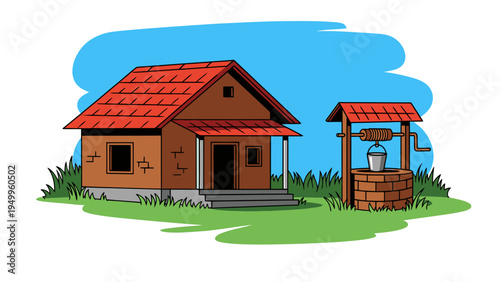 Rustic House with Brick Well and Bucket, Rural Village Scene, Hand-Drawn Vector Illustration for Countryside Living and Traditional Architecture Concepts