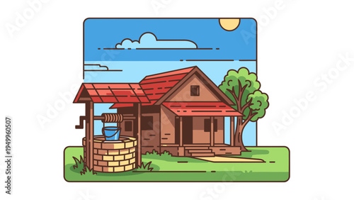 Rustic wooden house with a well and tree, flat vector illustration style, rural countryside scene for design and lifestyle concepts