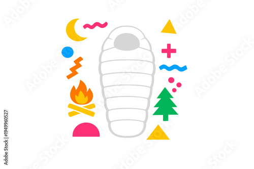 A flat vector illustration of a white sleeping bag surrounded by