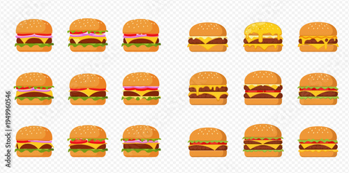 Set of various delicious burgers with different ingredients on transparent background.