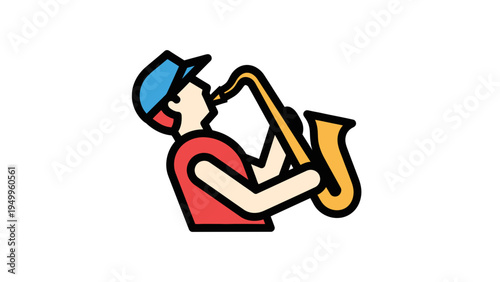 Saxophonist Playing Jazz Music Icon Vector Illustration, Flat Design Style, Musical Performance and Entertainment Concept