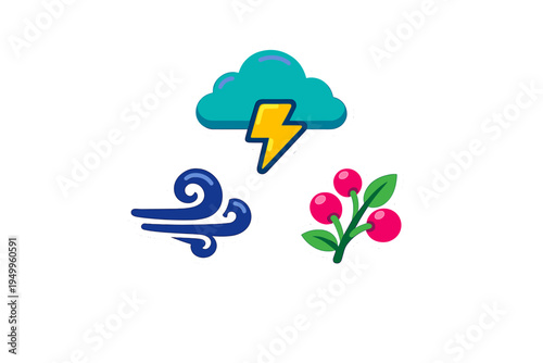 A set of three flat design stickers featuring a teal storm cloud with