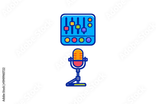 A flat vector illustration featuring a colorful sound mixer console