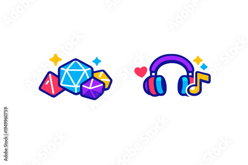 A set of two colorful vector stickers featuring polyhedral gaming