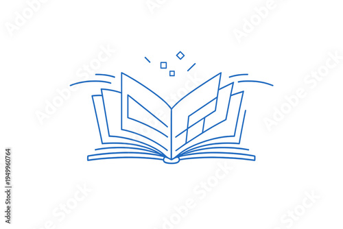 A minimalist blue line art illustration of an open book with pages