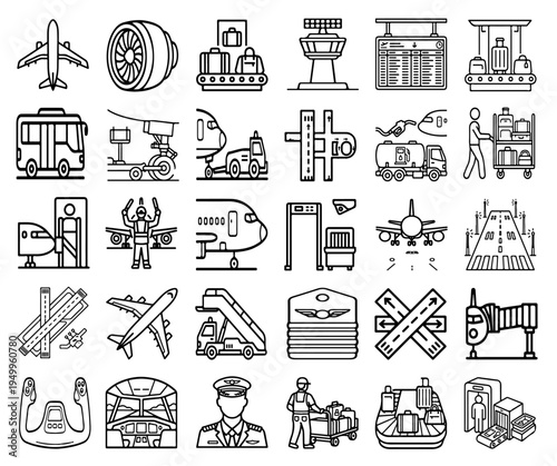 Airport and Aviation Line Icons Set, Air Travel Transportation Outline Vector Collection with Airplane, Runway, Radar, Baggage, Pilot, Security, Boarding Gate and Ground Service Equipment