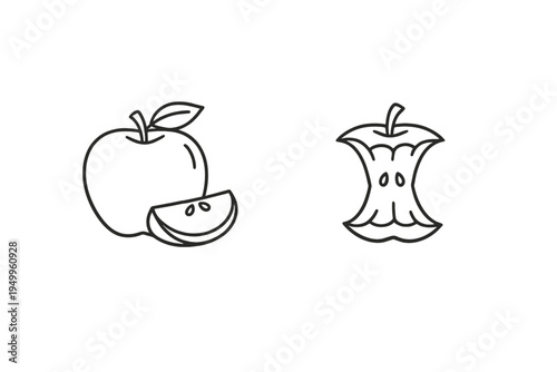 A set of minimalist line art icons featuring a whole apple with a