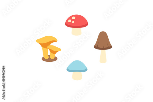 A collection of four stylized mushroom icons in various shapes and