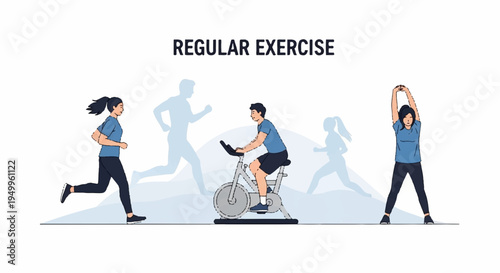 People engaging in regular exercise running cycling and stretching promoting fitness and healthy lifestyle
