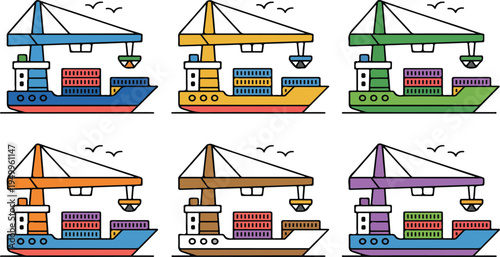 Colorful illustration of container ships and port cranes in a busy harbor representing shipping, logistics, and maritime transport vector art