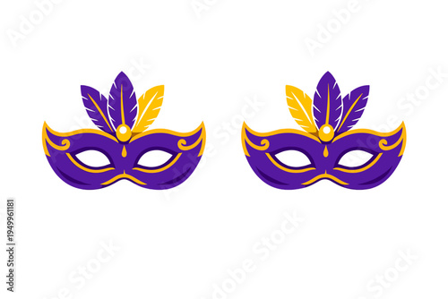 A pair of purple and gold masquerade masks decorated with feathers