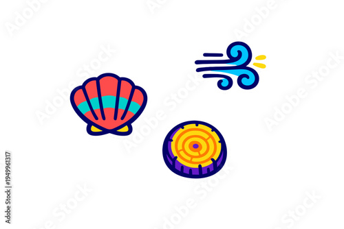 A collection of three vibrant vector stickers featuring a colorful