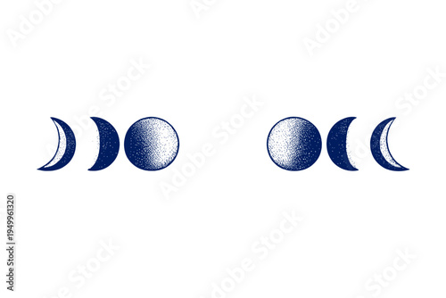 A set of dark blue moon phases in a stippled, vintage style on a