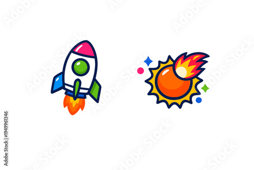 A set of two vibrant cartoon icons featuring a space rocket launching