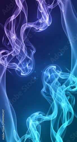 Dynamic streams of violet and cyan colored vapor rise against a deep blue gradient background