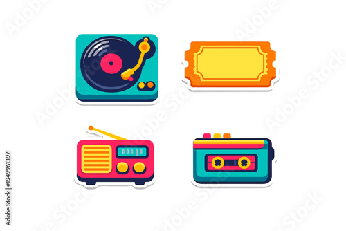 A collection of four retro music and entertainment stickers featuring