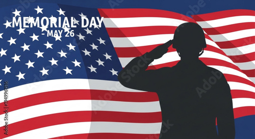 Silhouette of soldier saluting memorial day on american flag background with patriotic text