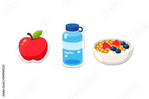 A set of three flat vector icons featuring a red apple, a blue
