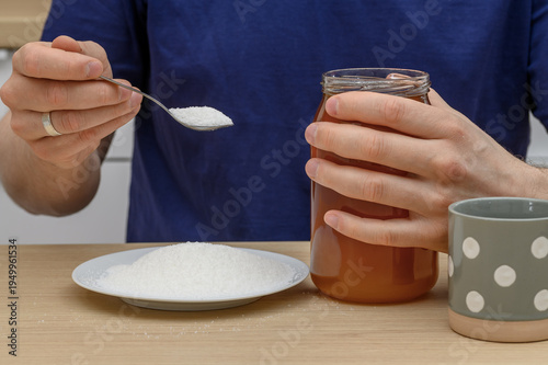 Photography Sweetener, sugar and bee honey for tea, what to sweeten with