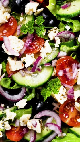 mixed vegetables salad with cucumber, feta cheese, tomato and herbs
