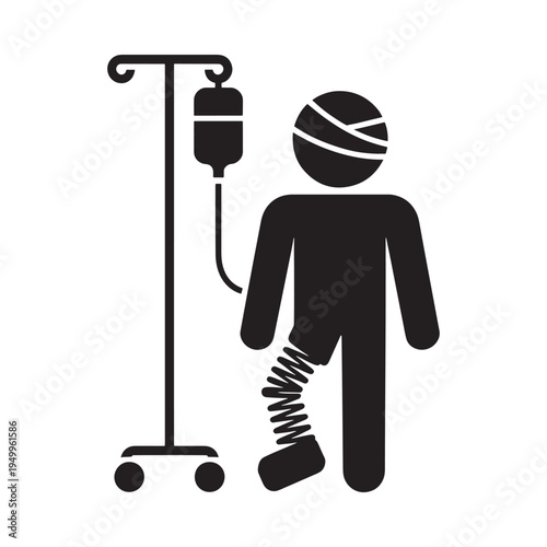 Injured person with head bandage broken leg and iv drip symbol