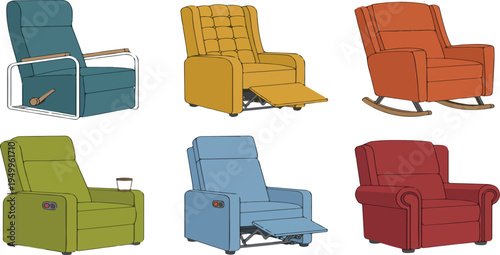Collection of colorful modern recliners and rocking chairs in various styles showcasing comfort, interior design, and contemporary furniture vector illustration