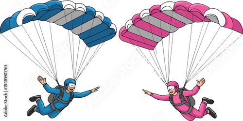 Two skydivers descending with colorful parachutes in a playful cartoon illustration depicting adventure, extreme sports, and outdoor fun vector art