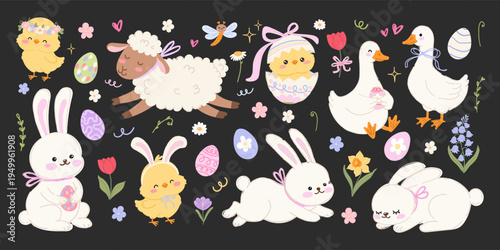 Cute Easter clipart set with bunnies, lamb, chicks, geese, eggs, spring flowers in hand drawn doodle style. Vector elements for holiday cards, scrapbooking, stickers, DIY decoration