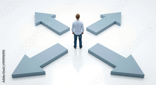 A man standing in the center of giant arrows pointing in four different directions. An image exploring themes of decision-making, career choices, confusion, and determining one’s life path.