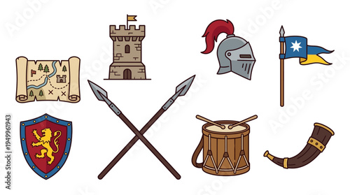 Authentic medieval war vector icon set featuring shield, spears, helmet, fortress, drum, horn, tactical map, and flag in flat color style on white background