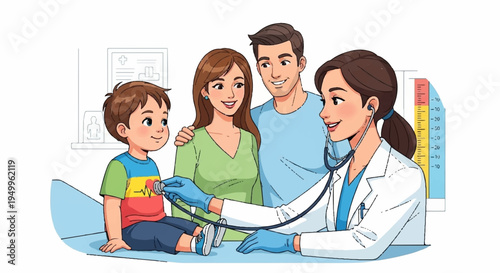 Family with young boy getting blood pressure checked by a female doctor in a clinic
