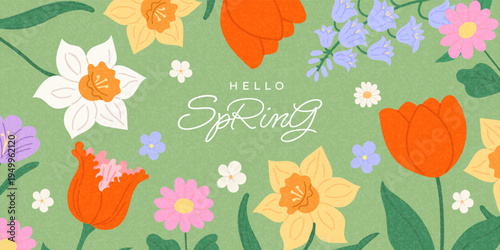 Spring horizontal banner with blooming daffodils, tulips, daisies and bellflowers in hand drawn doodle style. Floral vector background for Easter, Mother's Day, Women's Day