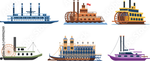 Colorful illustration depicting a collection of vintage paddlewheel riverboats showcasing historic steamships, river travel, and classic maritime scenes vector art