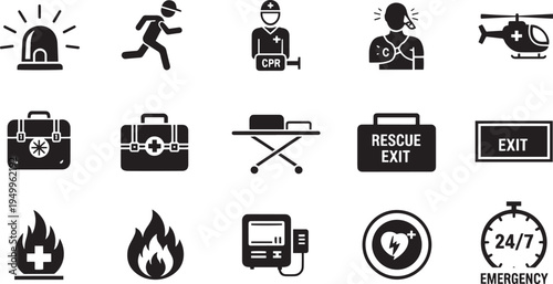 First Aid and Medical Emergency Response Icon Set Featuring Trauma Care Rescue Operations and Healthcare Safety Symbols
