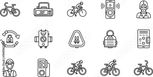 Urban Mobility and Smart City Infrastructure Icon Set Featuring Sustainable Cycling Public Safety and Digital Traffic Management