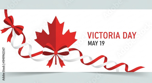 Canadian victoria day celebration with red maple leaf and ribbons on white background