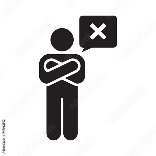 Simple black icon of a person with arms crossed and a rejection symbol